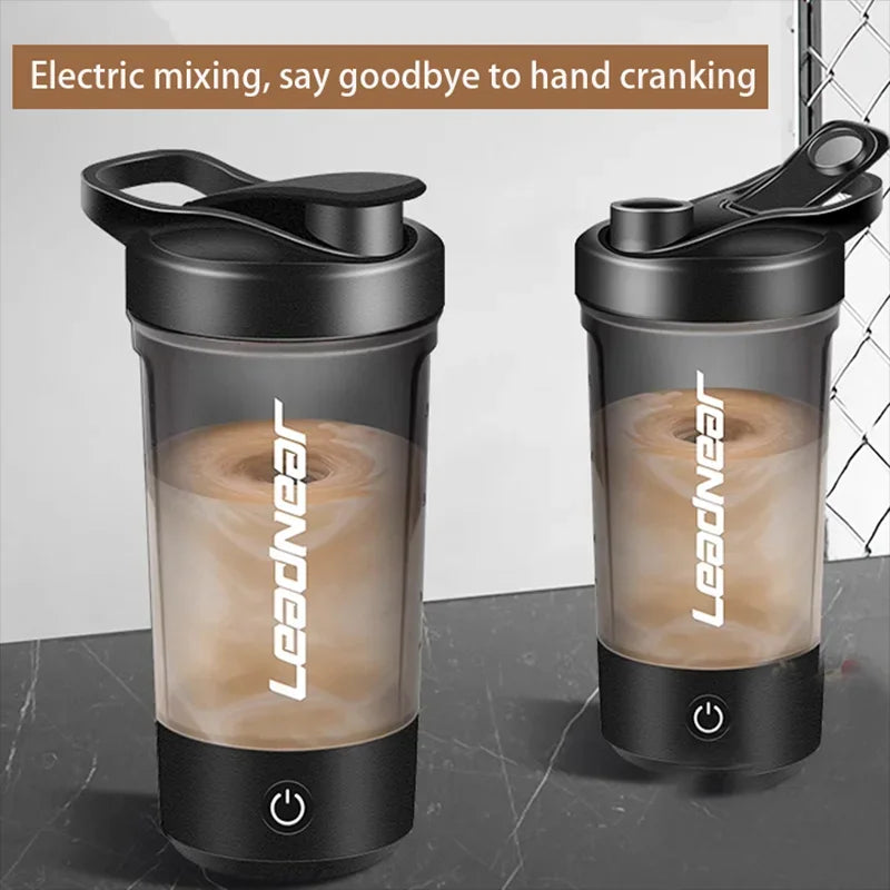 WaveGear Inc. electric automatic mixing water bottle with a sleek design, featuring a push-button lid and clear body for easy monitoring.