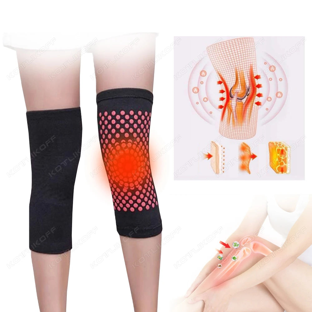 WaveGear Inc. self-heating support knee pad for exercise, showing a padded knee brace with adjustable straps and heating feature.