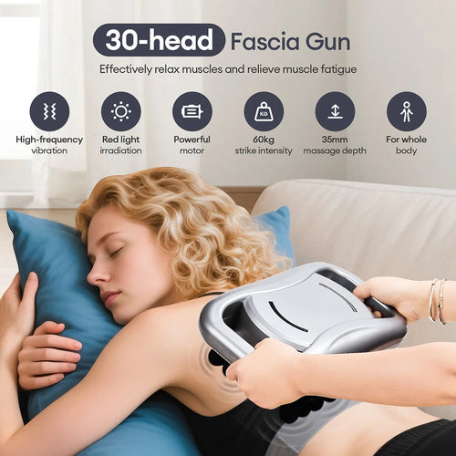 WaveGear Inc. 30-heads body massage gun for muscle relief and recovery, featuring multiple attachments for targeted massage therapy.