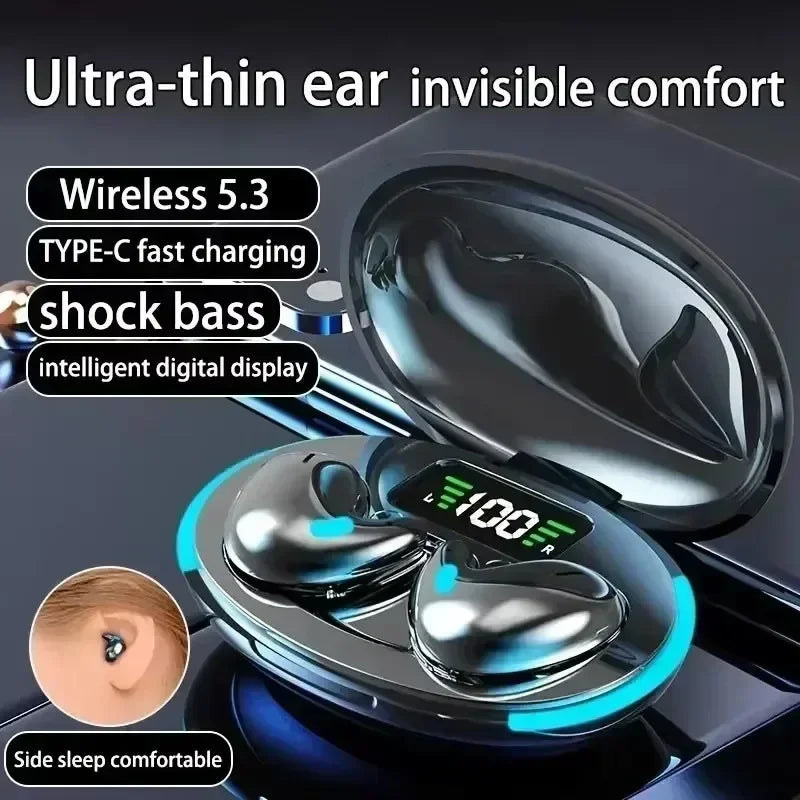 WaveGear Inc. TWS wireless earbuds with noise reduction design, shown in black with sleek in-ear fit and charging case.