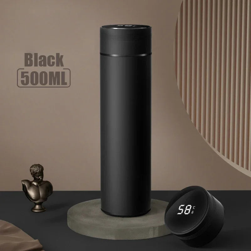 WaveGear Inc. temperature display thermos cup for exercise, showing digital screen and sleek design with a black finish