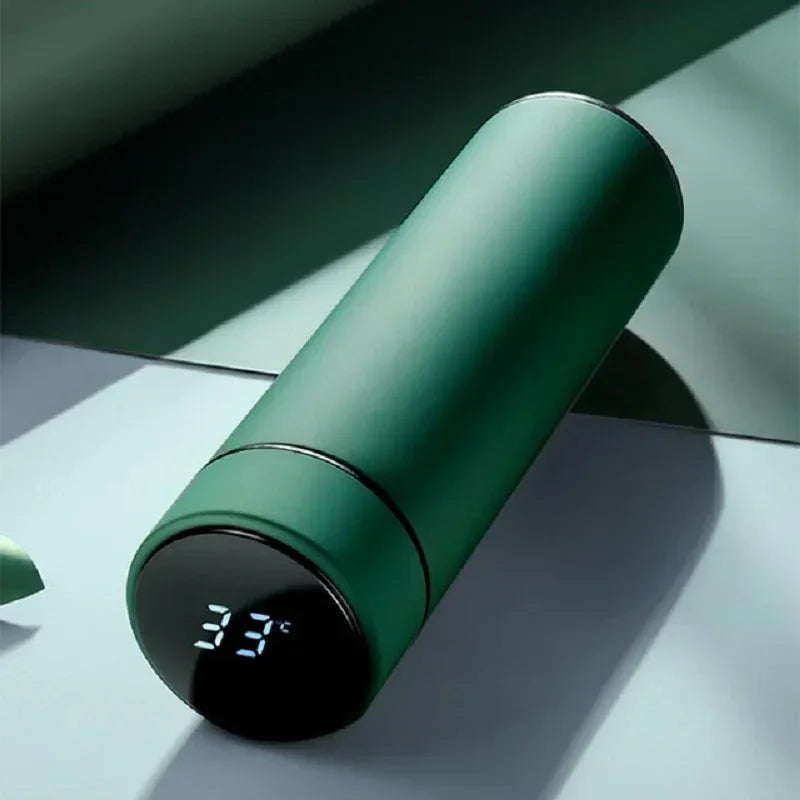 WaveGear Inc. temperature display thermos cup for exercise, showing digital temperature readout and sleek design.