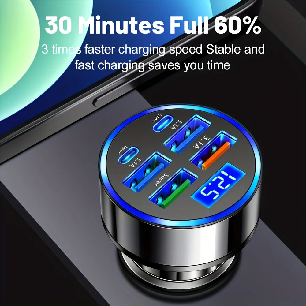 WaveGear Inc. AutoCharge™ 6-in-1 fast charging car adapter with multiple USB ports and sleek design for in-car device charging