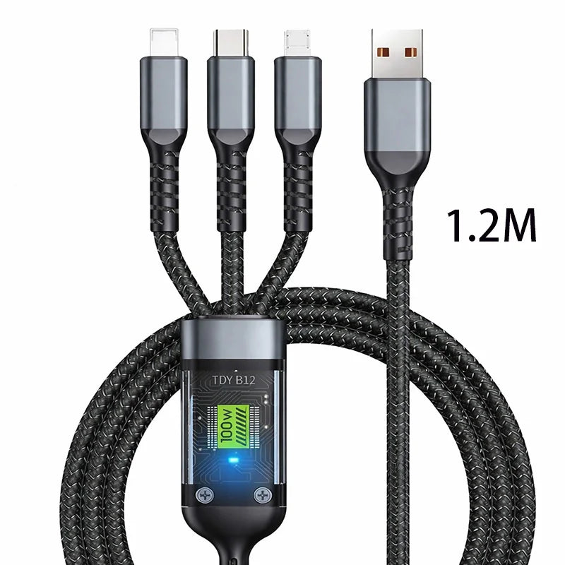 WaveGear Inc. TorqueCharge™ fast charging universal cable shown with multiple connectors for versatile device compatibility.