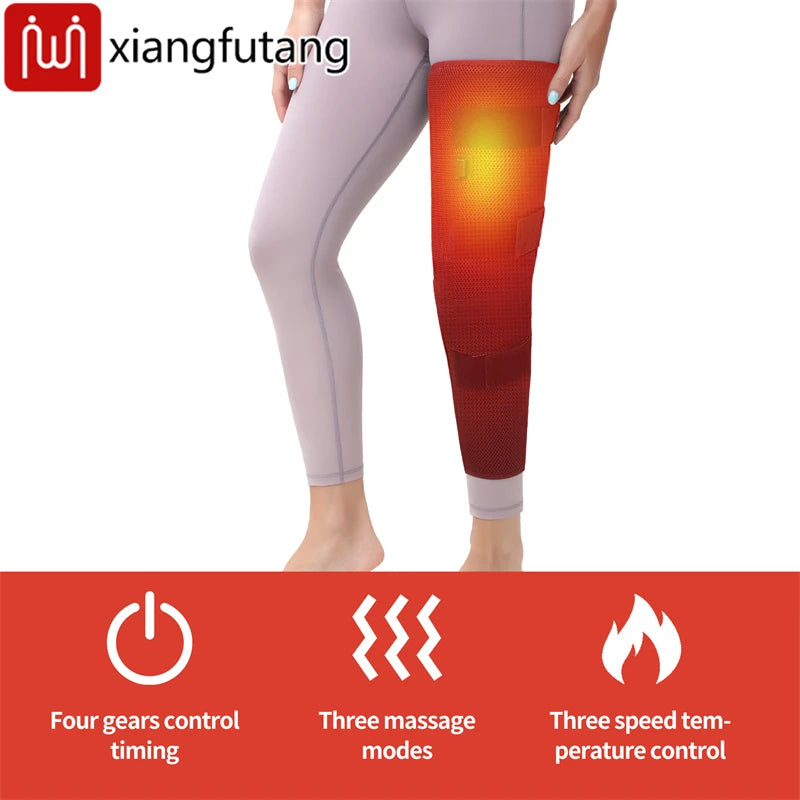 WaveGear Inc. leg heating pad with vibration massager, showing adjustable straps and control panel for muscle relaxation.