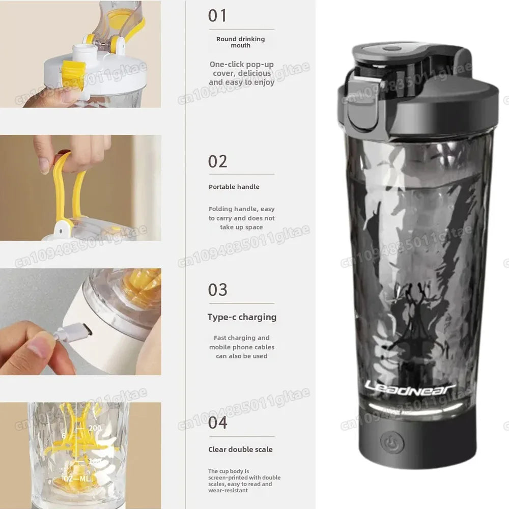 WaveGear Inc. electric automatic mixing water bottle with a sleek design, featuring a transparent body and mixing lid.