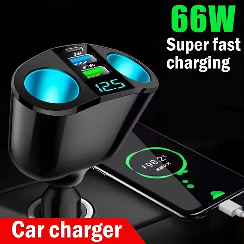 WaveGear Inc. digital display car charger with dual USB ports, compact design, and easy-to-read digital voltage screen.