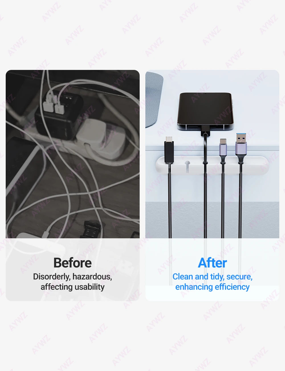 WireNest™ adhesive cable holder from WaveGear Inc.™ secures and organizes multiple cables on a desk or wall.