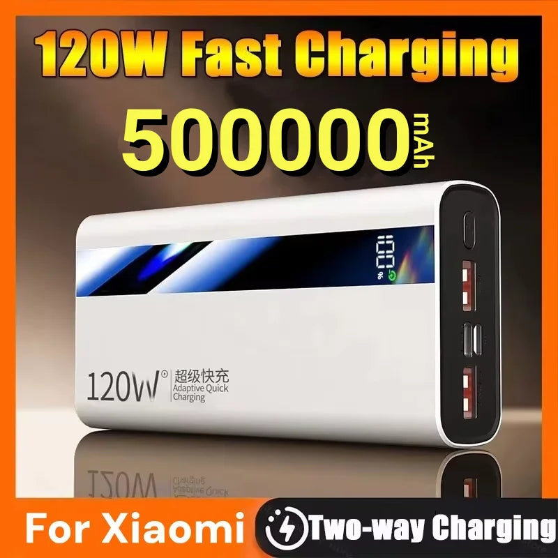 WaveGear Inc. fast charging large capacity power bank with multiple USB ports, sleek design, and digital display for battery status.