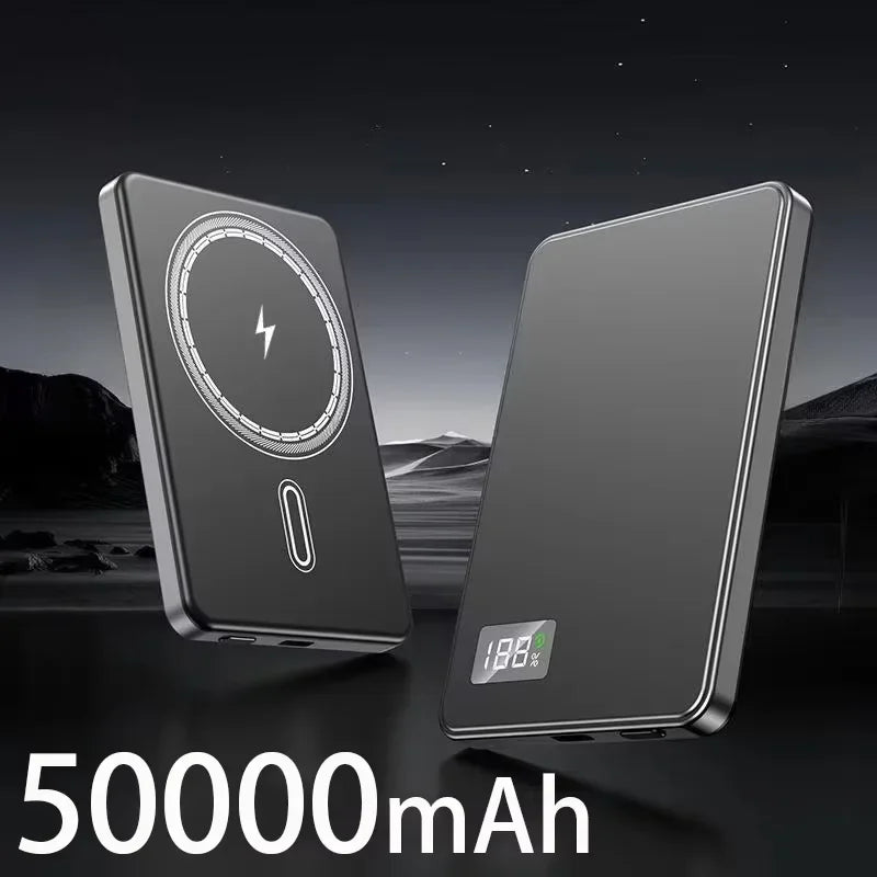 WaveGear Inc. magnetic wireless fast charging portable power bank with sleek design and built-in charging connectors.