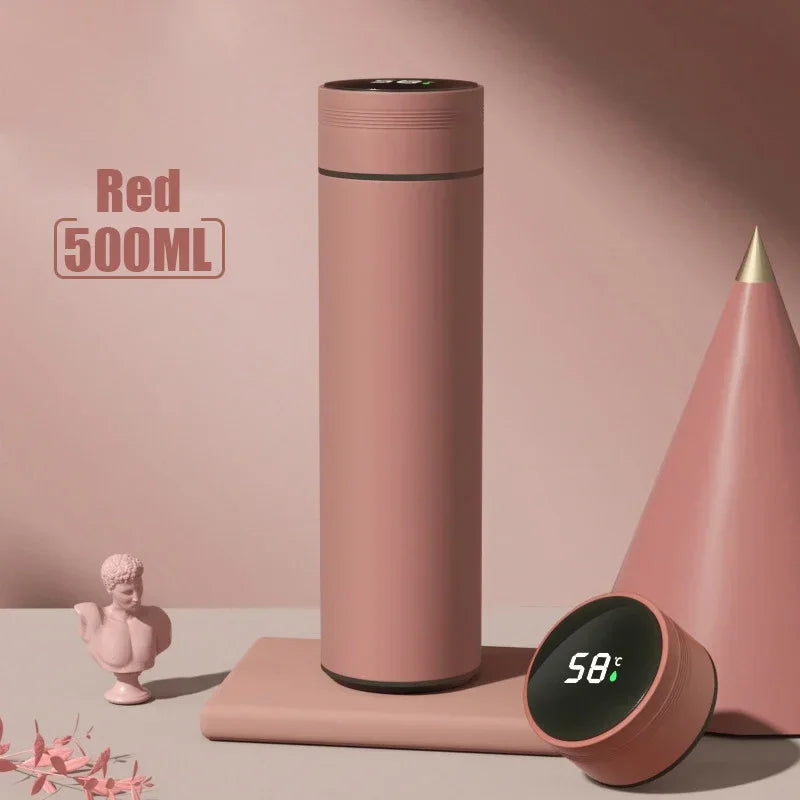WaveGear Inc. temperature display thermos cup for exercise, showing digital temperature readout on a sleek, portable drink container.