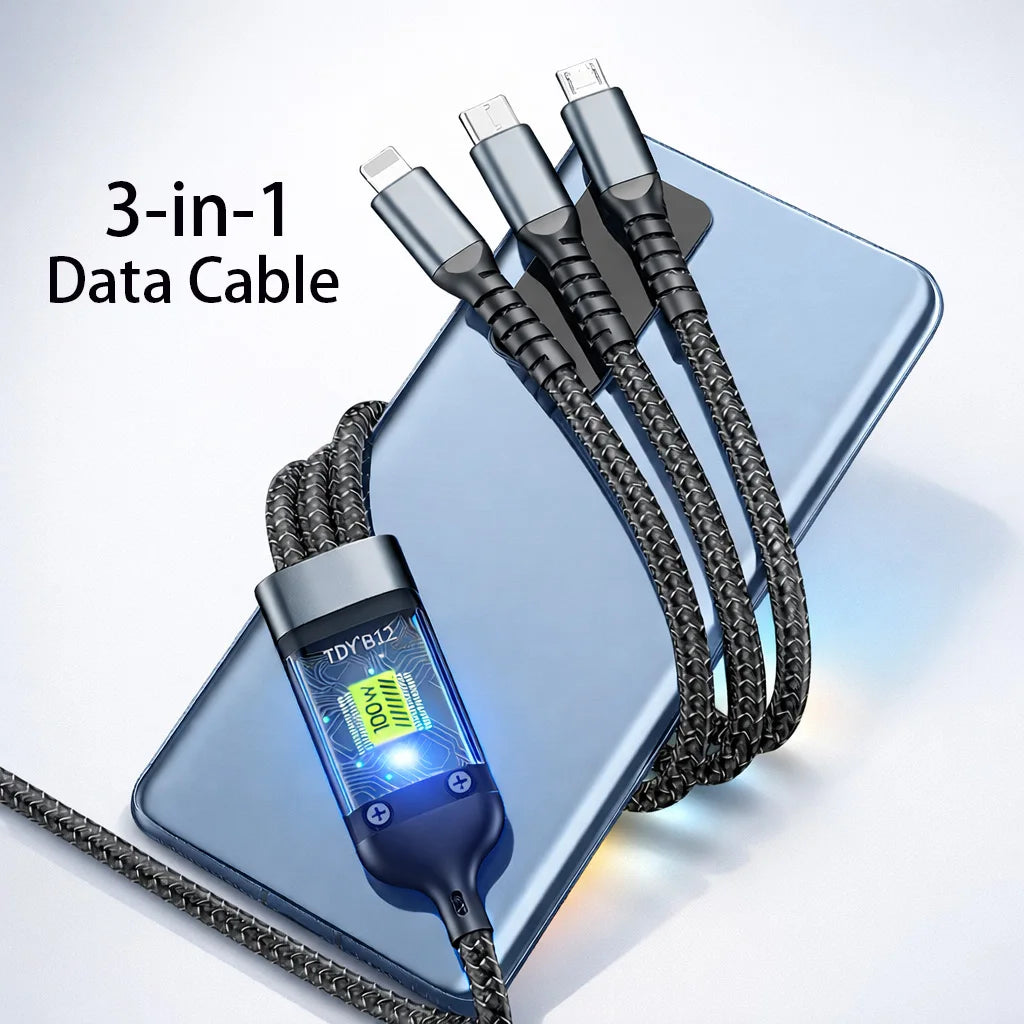 WaveGear Inc. TorqueCharge™ fast charging universal cable with multiple connectors for smartphones and tablets, black and durable design.