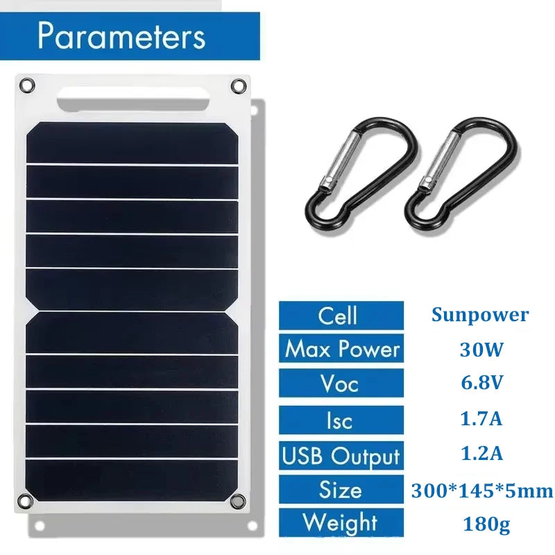 WaveGear Inc. 30W solar panel with USB port, portable exercise gear for charging devices outdoors, compact and lightweight.