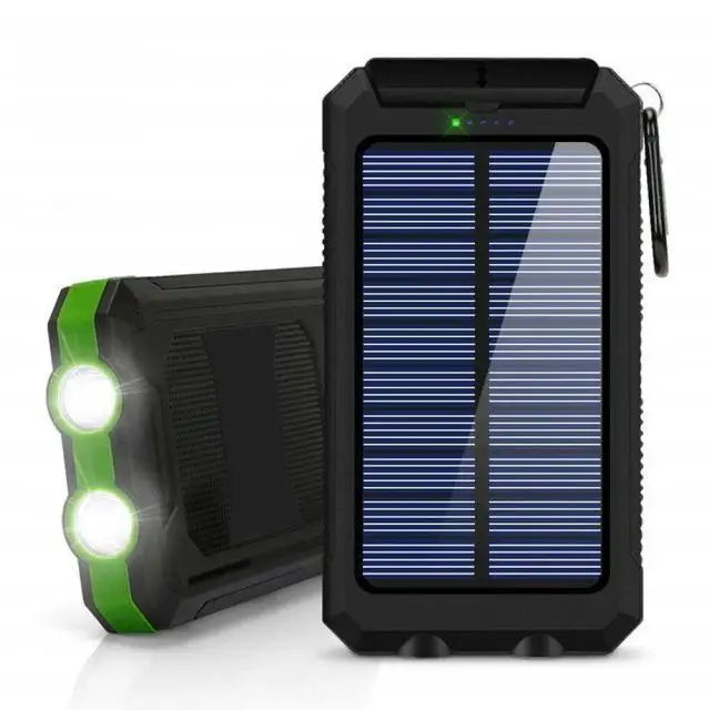WaveGear Inc. portable solar power bank for exercise gear, showing compact design with solar panels and charging ports.