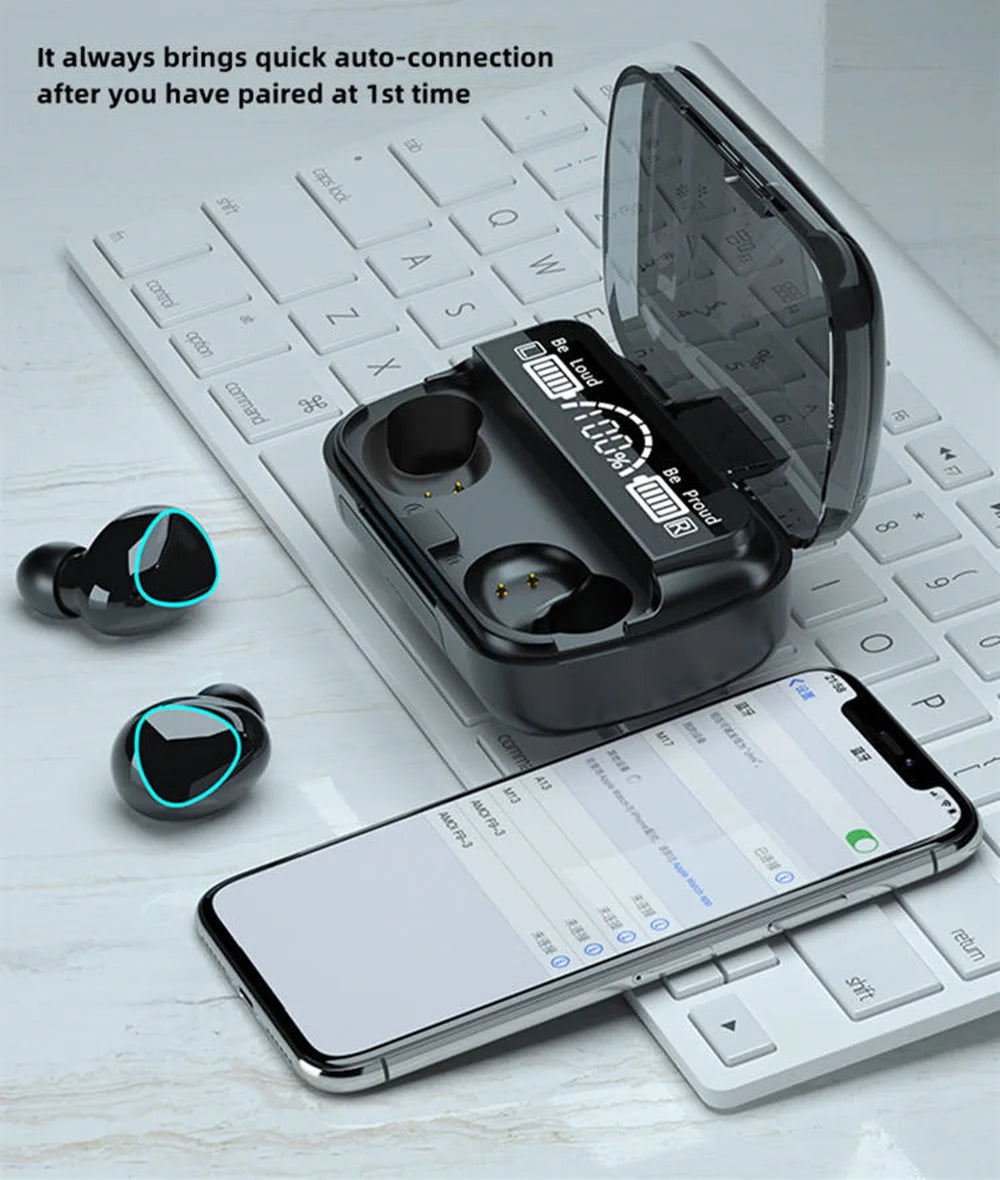 WaveGear Inc. M10 wireless earbuds with built-in power bank, compact charging case, and sleek black design.