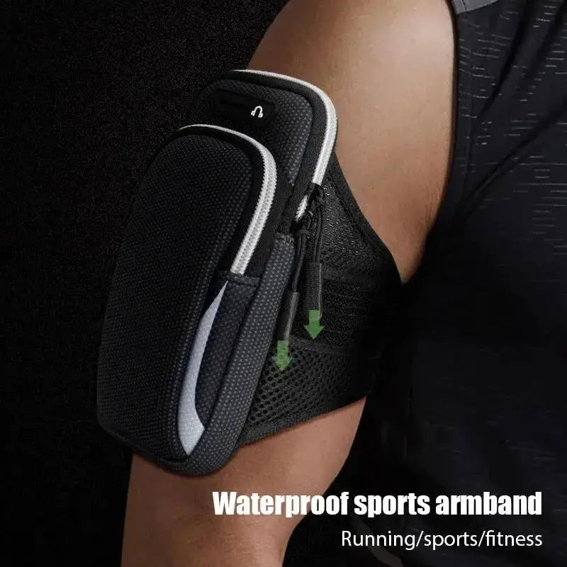 WaveGear Inc. universal smartphone arm band travel bag with adjustable strap and secure pocket for phone and essentials.