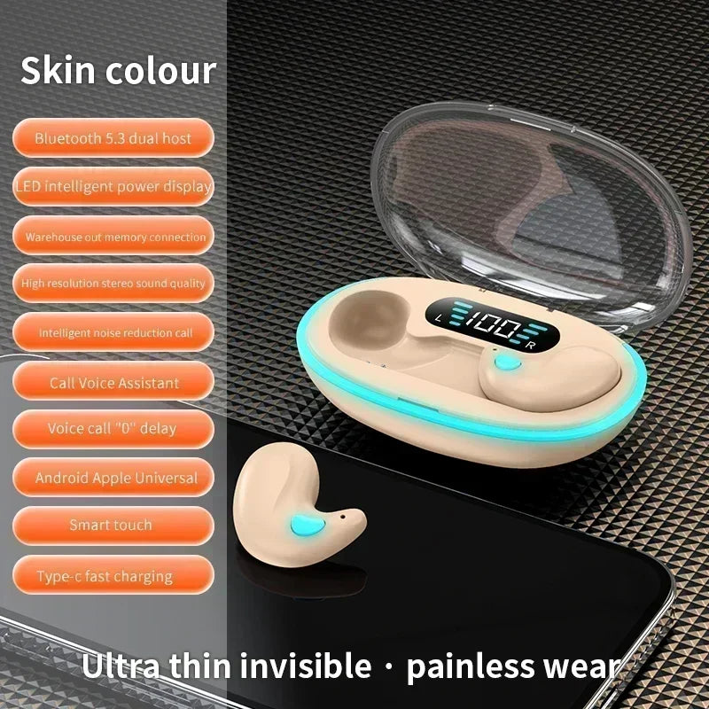 WaveGear Inc. TWS wireless earbuds with noise reduction, shown in a sleek black design with charging case.