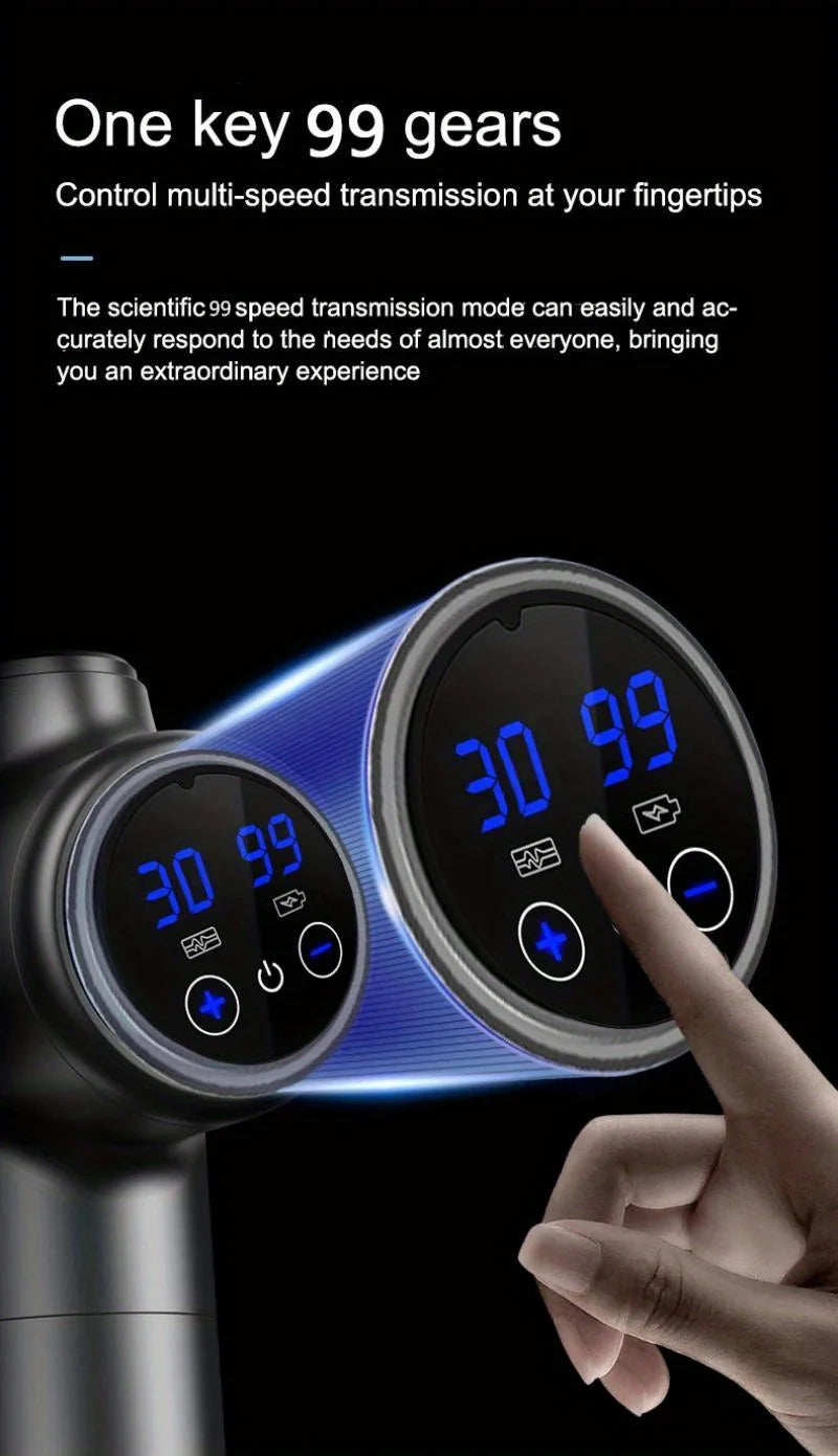 WaveGear Inc. professional muscle massage gun for exercise recovery, showing a sleek handheld device with ergonomic design.