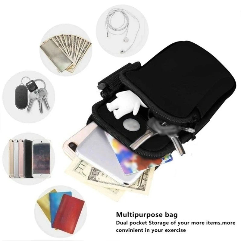 WaveGear Inc. hands-free workout arm pack travel bag with adjustable straps and storage compartments for fitness gear.