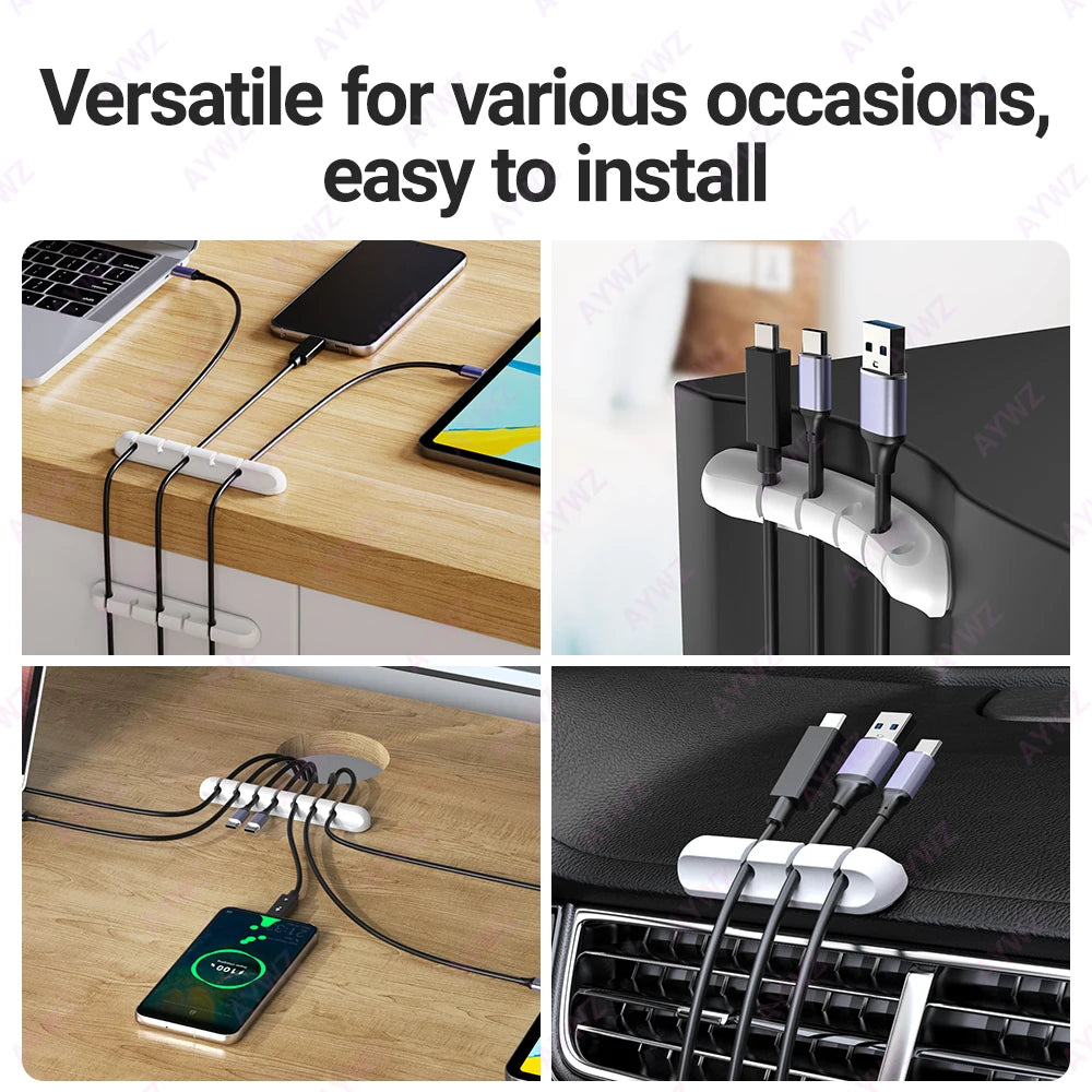WaveGear Inc. WireNest™ adhesive cable holder securing multiple cables neatly on a surface with a sleek design.