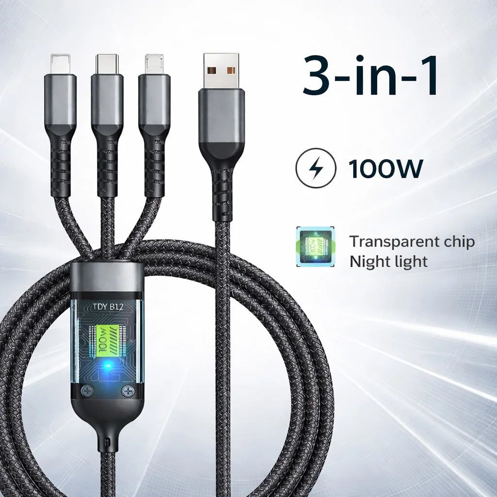 WaveGear Inc. TorqueCharge™ fast charging universal cable showing flexible black cable with USB connectors for quick device charging.