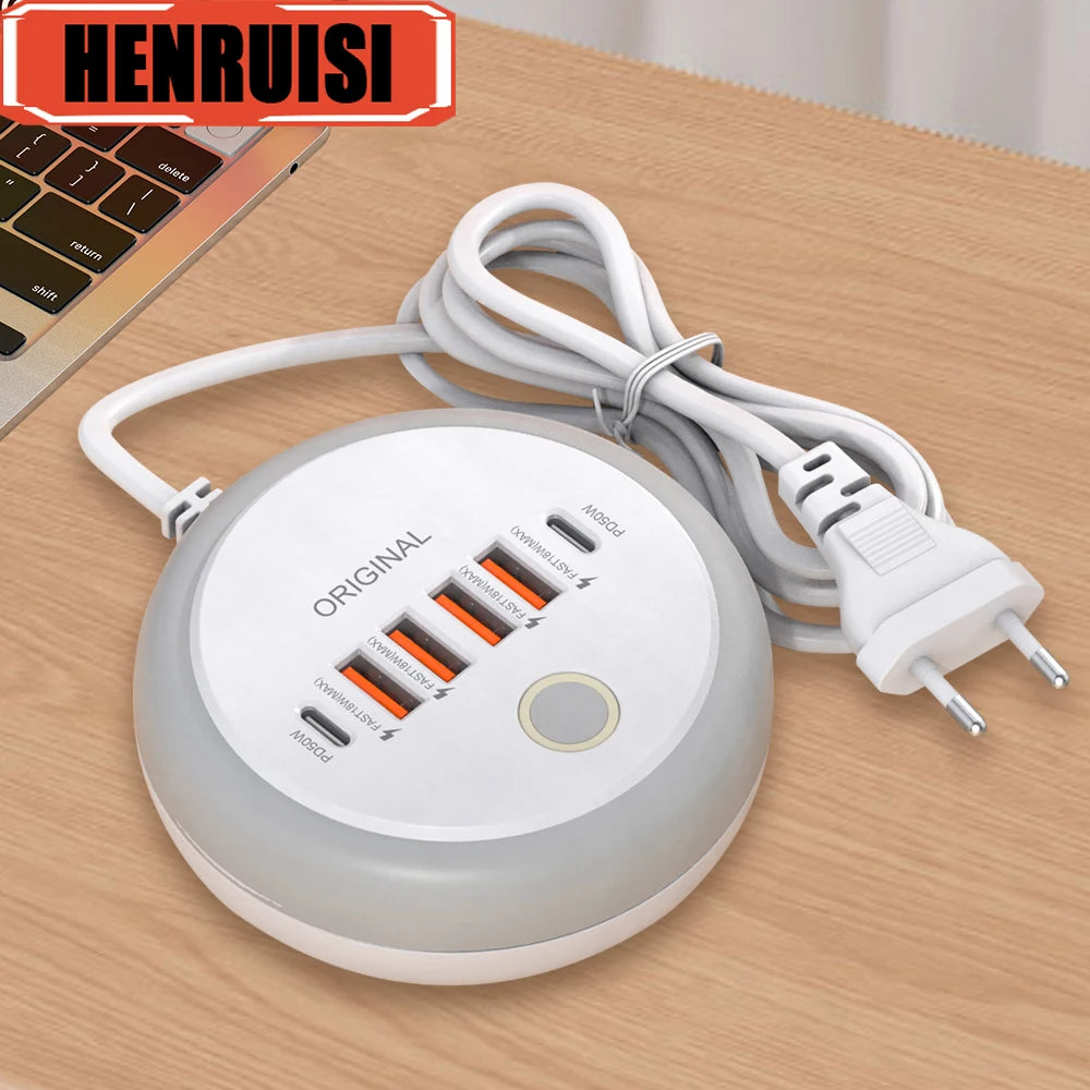 WaveGear Inc. multi-port USB-C charger with quick charging ports for mobile phones and devices.