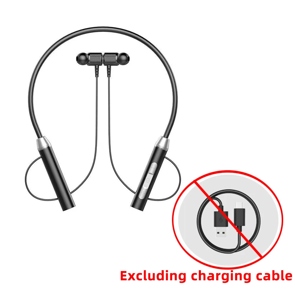 Wireless Bluetooth neckband headphones by WaveGear Inc. with earbuds, featuring sleek design and in-ear fit.