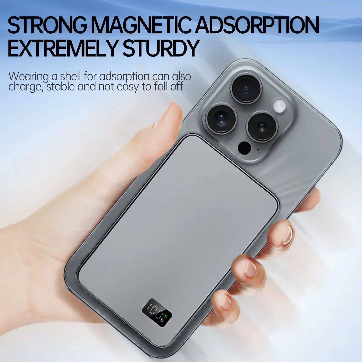 WaveGear Inc. magnetic wireless fast charging portable power bank showing a sleek black design with magnetic charging surface.