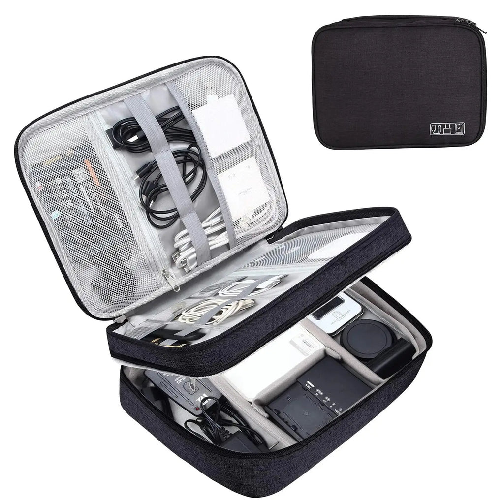 WaveGear Inc. portable digital storage travel bag with multiple compartments for organizing electronic devices and accessories.