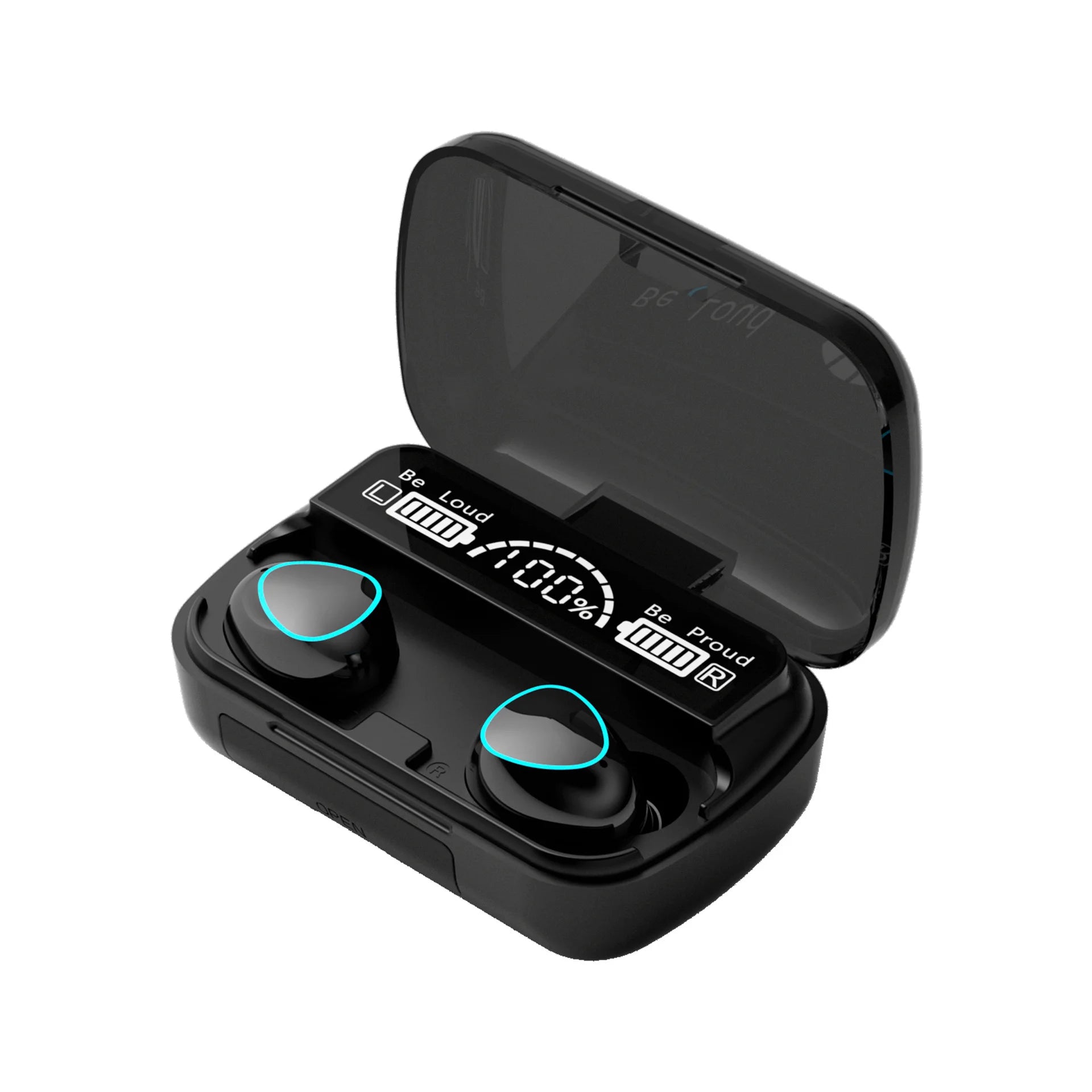 WaveGear Inc. M10 wireless earbuds with integrated power bank, compact design, and in-ear fit for portable audio convenience.