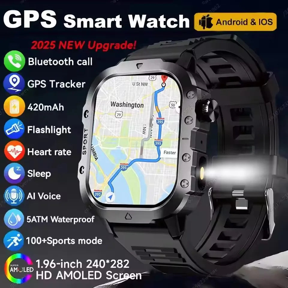 WaveGear Inc. 2026 outdoor GPS tracker sport watch showing a digital display with time, date, and tracking features.