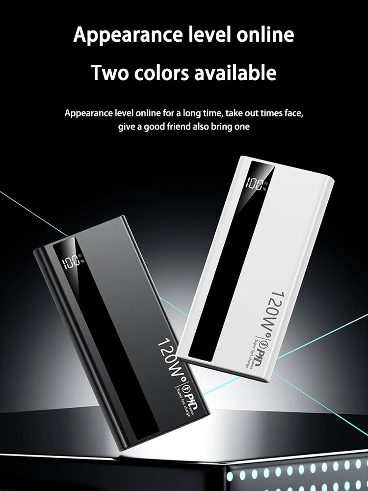 WaveGear Inc. large capacity power bank with fast charging, shown with USB ports and sleek black design.