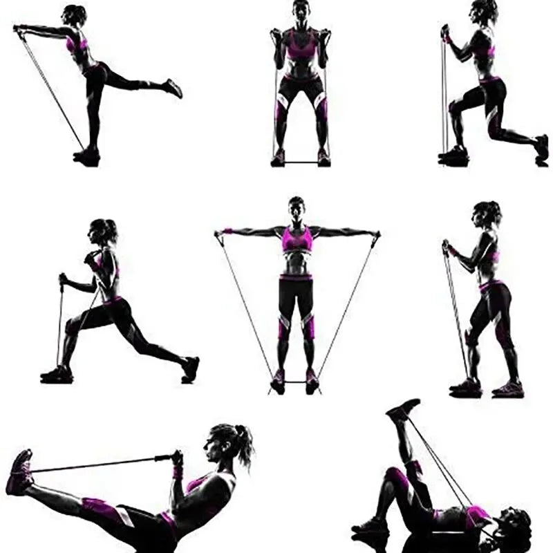 WaveGear Inc. resistance bands with handles for exercise, showing colorful elastic bands and ergonomic handles for strength training.
