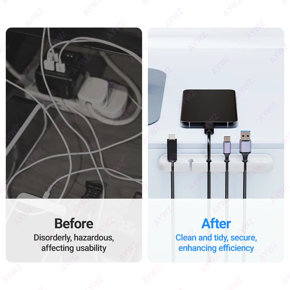 WaveGear Inc. WireNest™ adhesive cable holder securing and organizing multiple cables on a desk or wall surface.