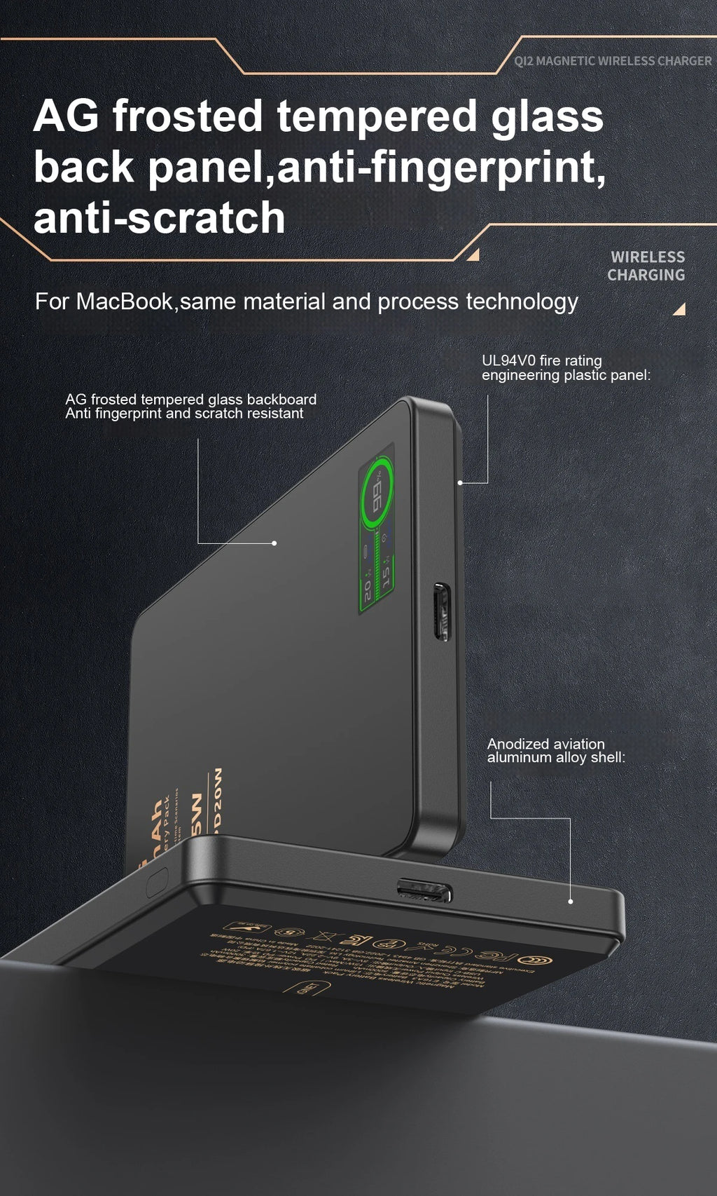 WaveGear IonVault™ magnetic wireless powerbank with sleek design and magnetic charging surface for smartphones and devices.