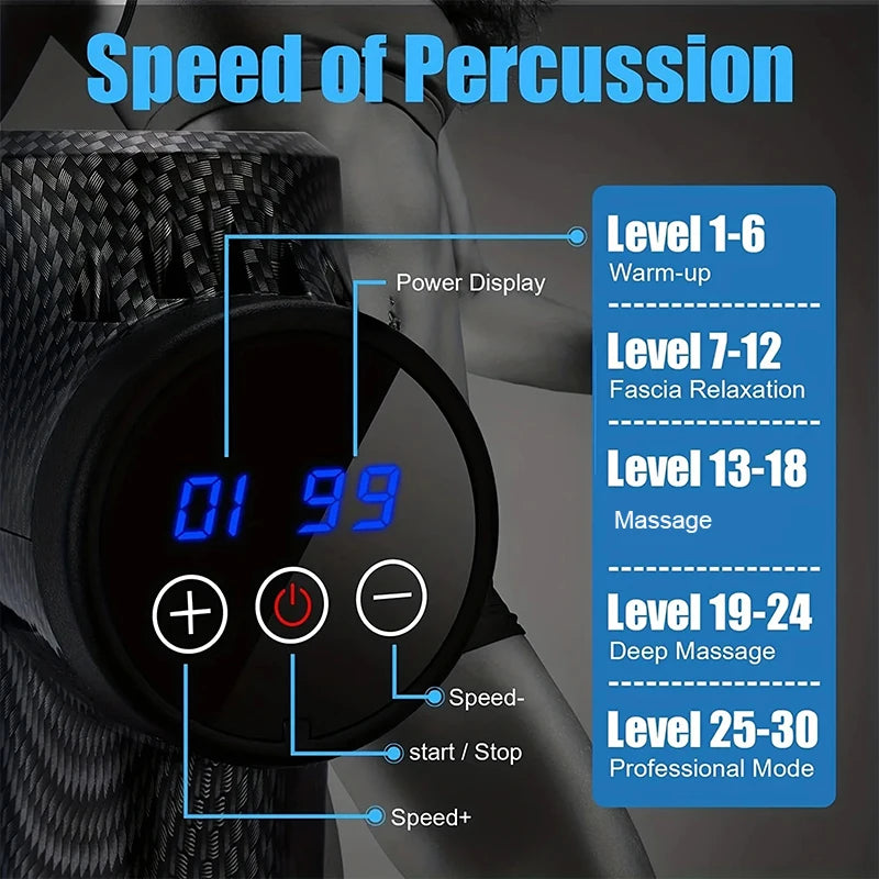WaveGear Inc. deep tissue muscle relaxation massage gun for exercise recovery, showing a sleek handheld device in action.