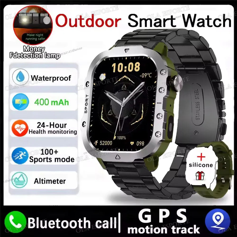 WaveGear Inc. outdoor GPS tracking sport watch displaying digital screen with route and fitness data in a vibrant outdoor setting.