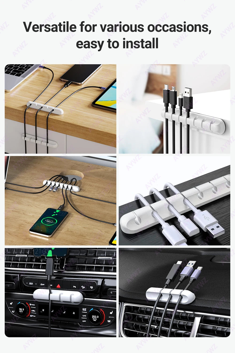 WaveGear Inc.™ WireNest™ adhesive cable holder securing multiple cables to a surface with a sleek, black plastic design.