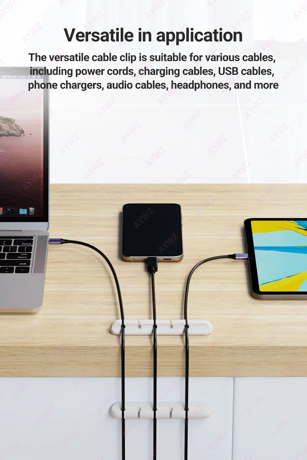 WireNest™ adhesive cable holder by WaveGear Inc.™ securing multiple cables neatly against a surface.