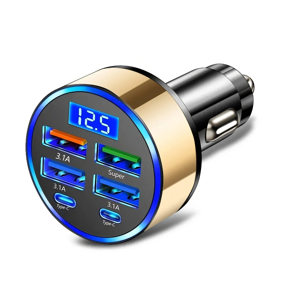 WaveGear Inc. AutoCharge™ 6-in-1 fast charging car adapter with multiple USB ports and sleek design for vehicle charging.