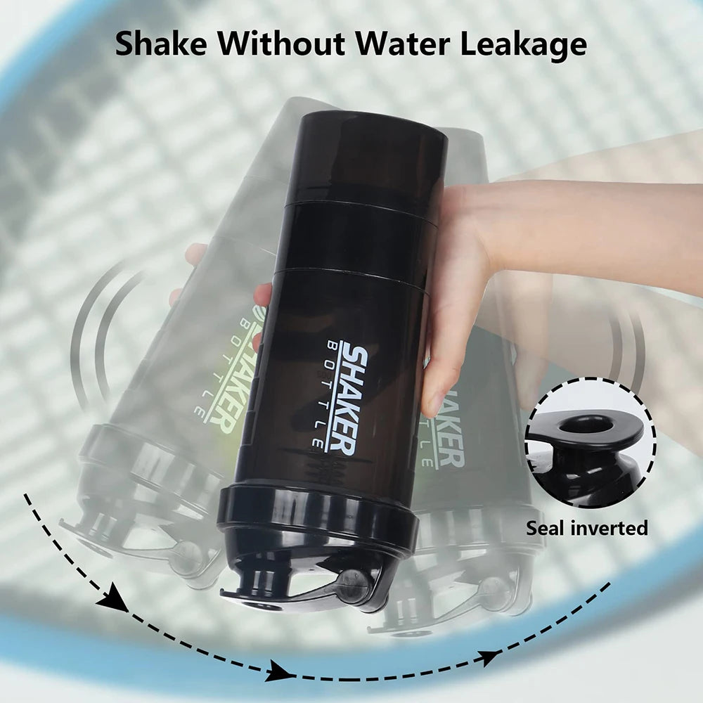 WaveGear Inc. 3-layer shaker mixing water bottle with a sleek design, suitable for sports and fitness hydration.