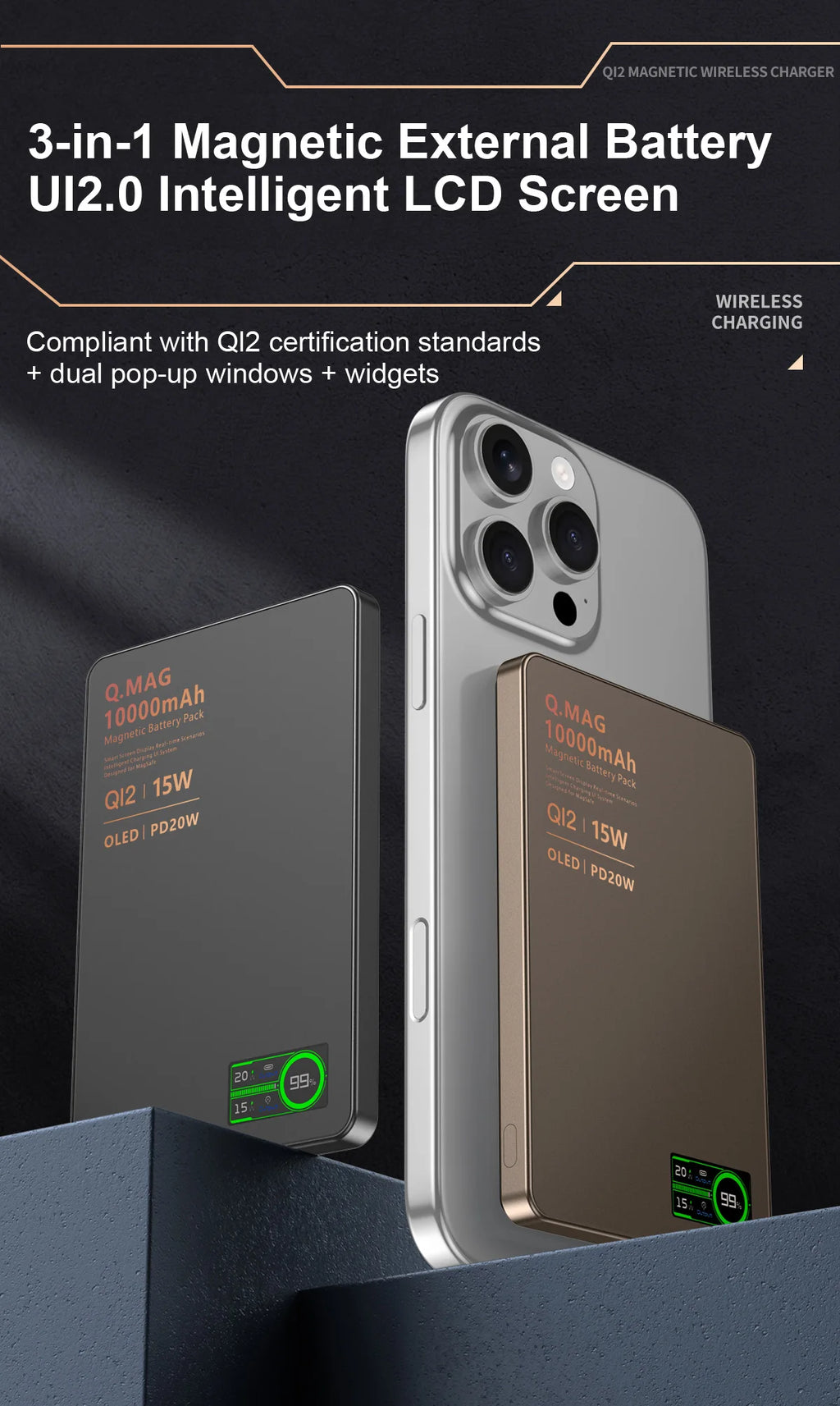 IonVault™ magnetic wireless powerbank by WaveGear Inc.™ with a sleek black design and magnetic charging surface.