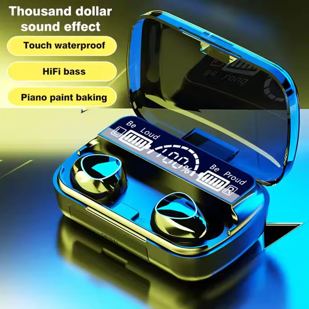 WaveGear Inc. M10 wireless earbuds with integrated power bank shown in close-up, compact and sleek design for on-the-go charging.