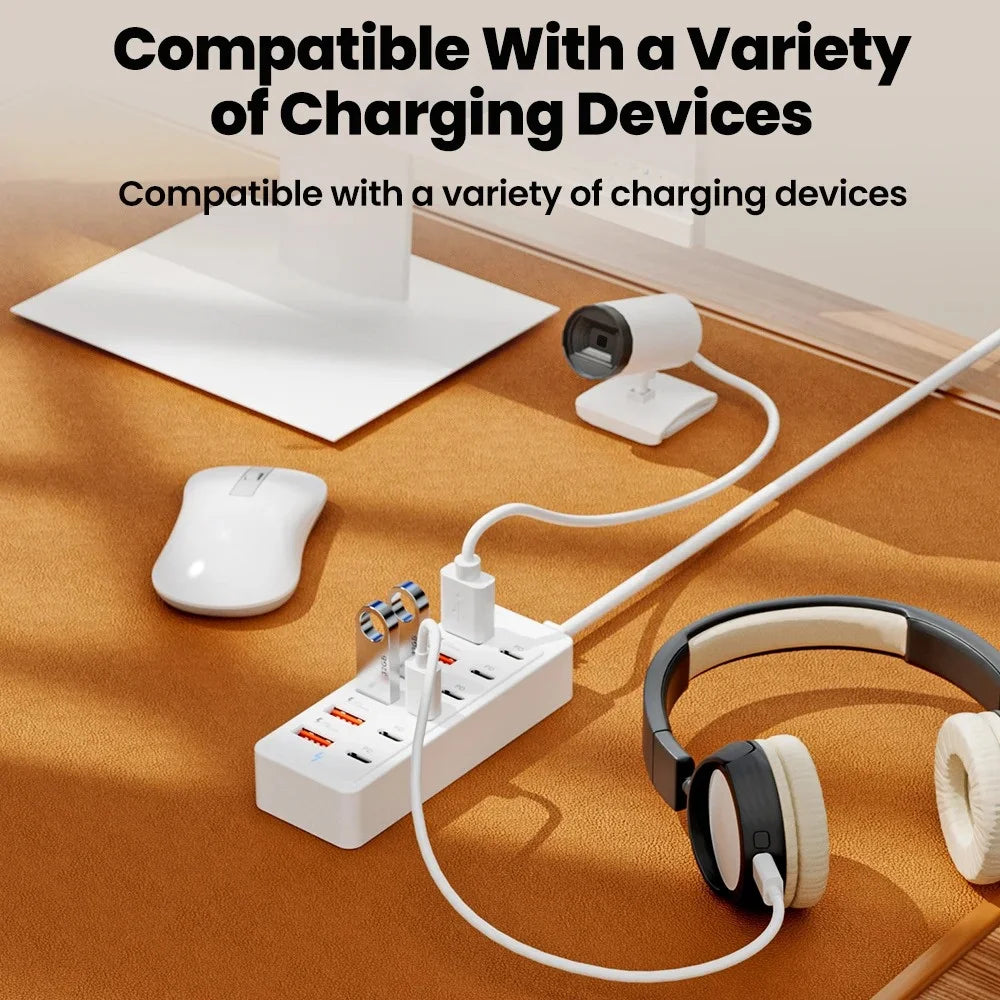 WaveGear Inc. desktop power strip charger with multiple USB and AC outlets for convenient device charging.
