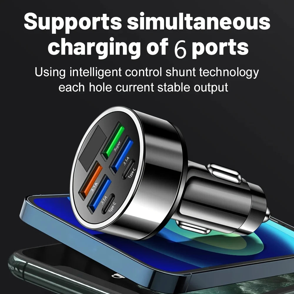 WaveGear Inc.™ AutoCharge™ 6-in-1 fast charging car adapter with multiple USB ports and sleek design for in-car charging.