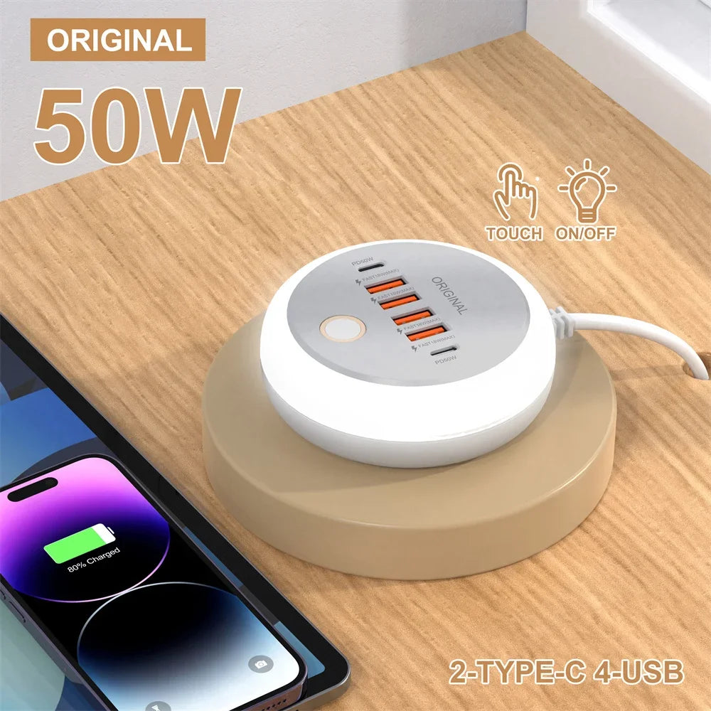 WaveGear Inc. multi-port USB-C charger with quick charging for mobile phones, featuring multiple USB-C and USB-A ports.