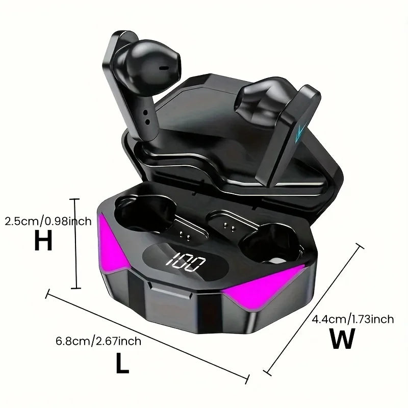 Wireless Bluetooth earbuds with microphone by WaveGear Inc., featuring sleek design and in-ear comfort for hands-free calls.