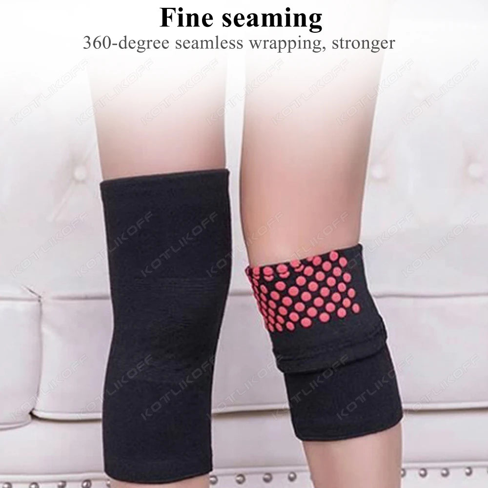 WaveGear Inc. self-heating support knee pad for exercise, showing a close-up of the padded knee brace with adjustable straps.