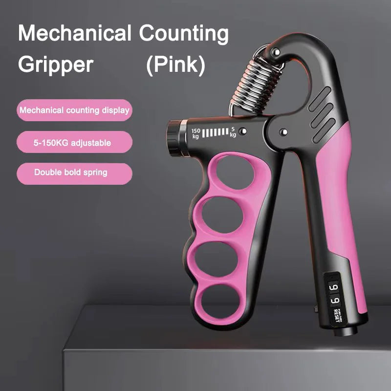 WaveGear Inc. grip strength exercise gear showing a hand using the wrist expander and hand strengthener for muscle training.