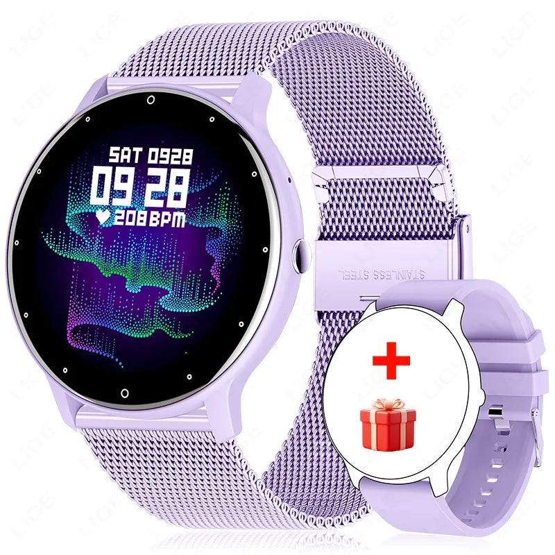 WaveGear Inc. LIGE smart watch with full touch screen and Bluetooth fitness tracking features, shown in a sleek black design.
